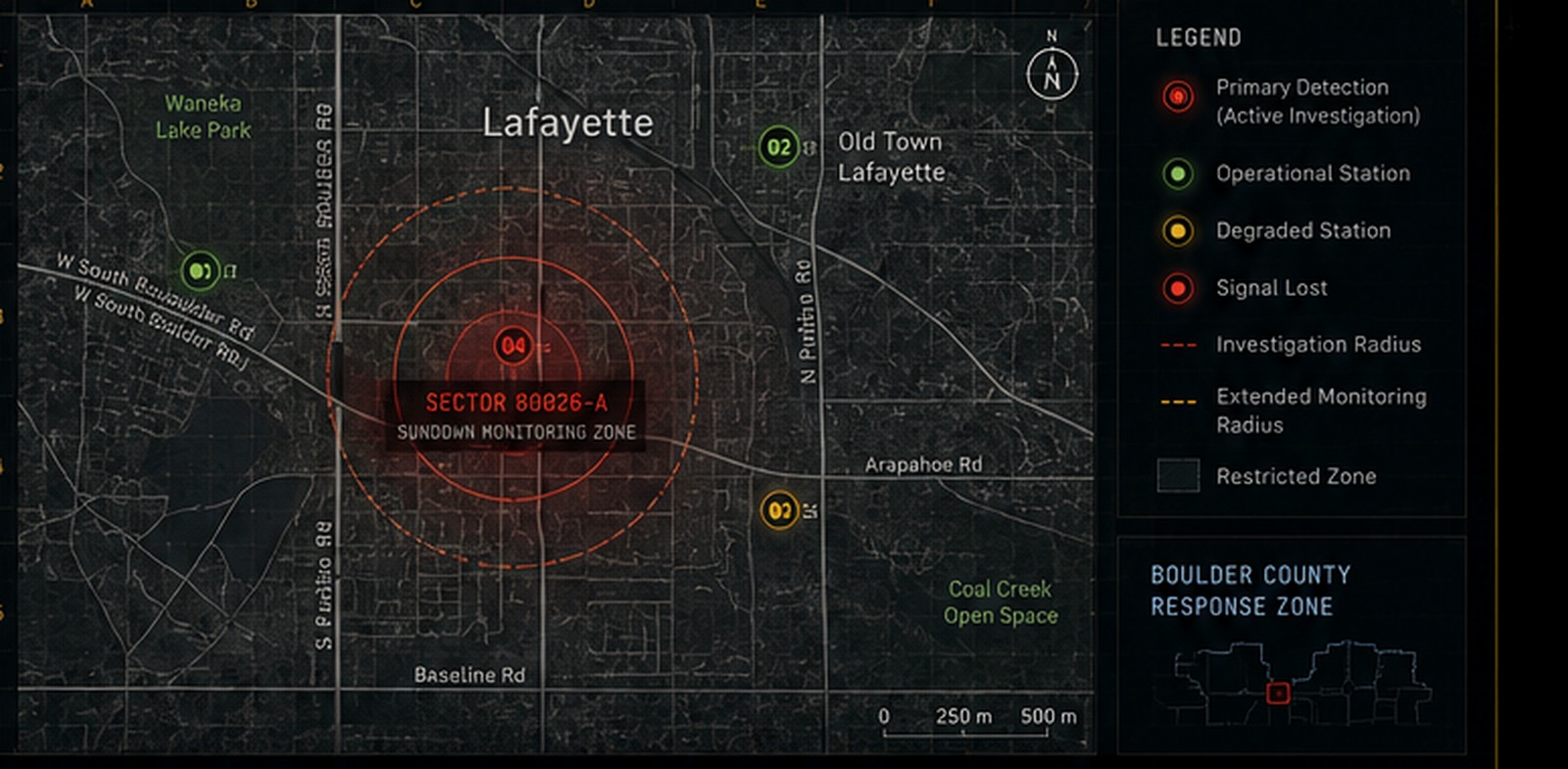 Stylized local incident map of Lafayette, Colorado showing the Sundown Drive monitoring zone